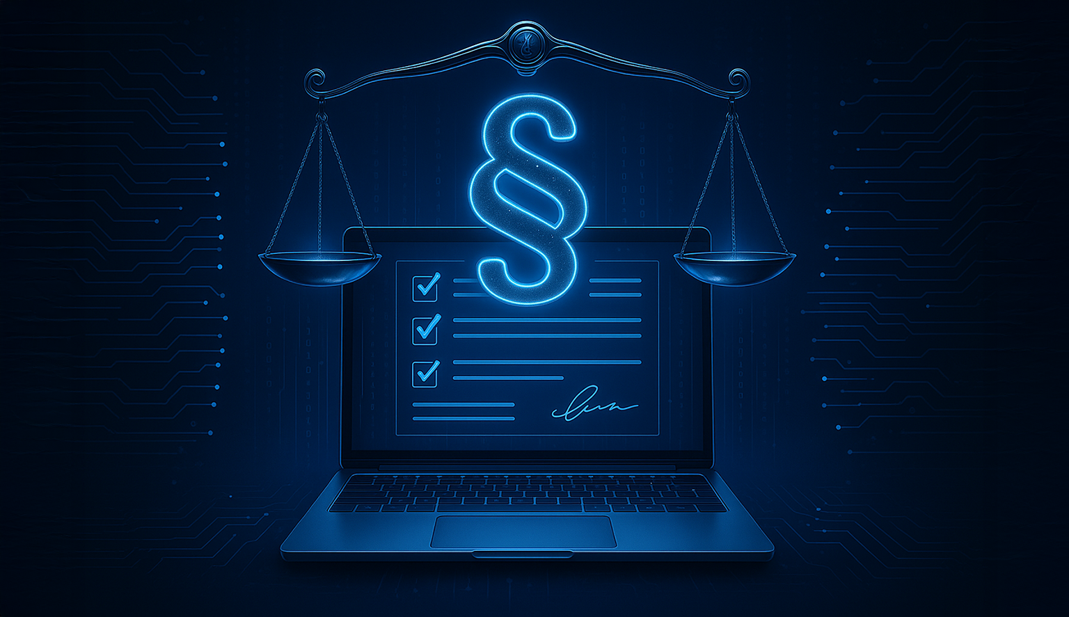 Symbolisches Bild zur digitalen Antragstellung für die ZFU-Zulassung: Laptop mit Formular, Paragraphenzeichen und Waage der Gerechtigkeit auf blauem Technologie-Hintergrund